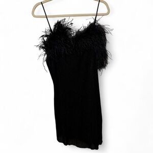 Vintage 90s fabulous black sparkly mini dress with feathers fully lined Perf con